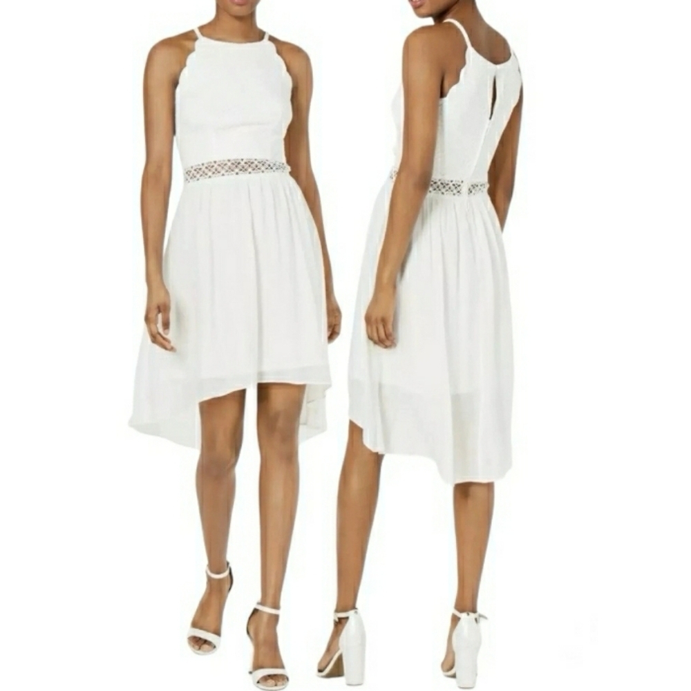 BCX DRESS Junior White Lace Keyhole Sleeveless Halter Knee Length Hi-Lo Dress, 9